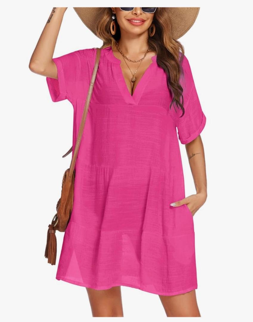 Hejoy Women's Swimsuit Coverups Bikini Beach Swimwear Cover Up A-line Bathing Suit Cover Up Dress with Pockets XL (Pink)
