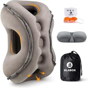 Inflatable Travel Pillow,Multifunction Travel Neck Pillow for Airplane to Avoid Neck and Shoulder Pain,Support Head,Neck,Used for Sleeping Rest, Airplane and Home Use,with Eye Mask, Earplugs, Gray, Medium