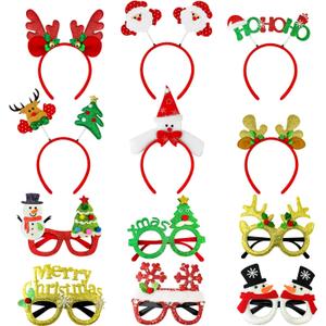 Christmas Glasses & Headband 12 Pack, Xmas Glitter Eyeglasses Frame & Headwear Accessories - One Size Fits All, Holiday Party Favor Supplies Classroom Game Prizes Gifts Photo Booth Props Outfit