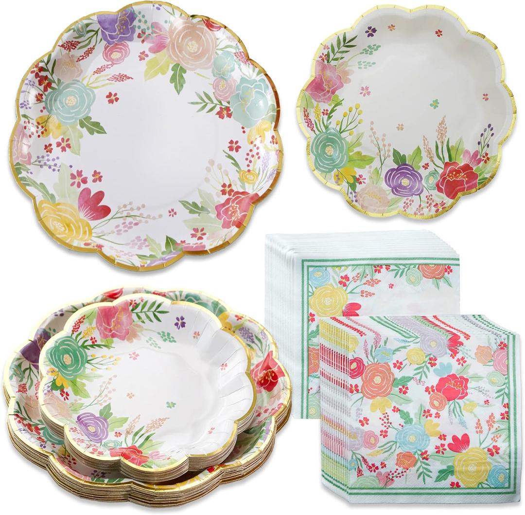 Kate Aspen Garden Blooms 62pc Paper Plates Napkins, 16pcs 7 inch & 16pcs 9 inch Heavy Duty Disposable Party Plates, 30pcs 6.5 inch Durable Paper Napkins for Bridal Shower, Baby Shower, Wedding Party