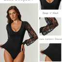 Avidlove Womens Long Sleeve Bodysuit Double Lined V Neck Lace Puff Sleeves Going Out Top Shirts Thong Leotard Body Suit, XXL