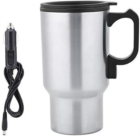 12V Car Heating Cup Heated Mug, 450ml Stainless Steel Travel Electric Coffee Cup 14oz. Insulated Heated Preservation Thermos Mug, Car Kettle for Heating Water, Coffee, Milk, Tea