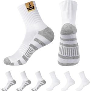 MUQU Mens White Quarter Socks - Thin Athletic Running Mid Crew Socks for Sports 6 Pairs (6pc-3solid White+3gray Stripe), Medium