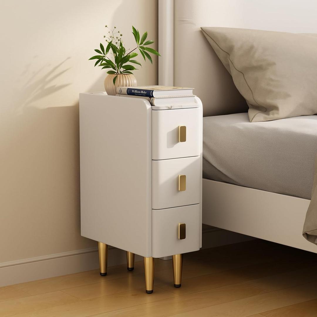 Narrow Nightstand with Drawers, Narrow Side Table Leather, Small Bedside Tables for Bedroom. (White) (7.8'')