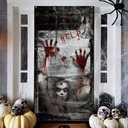 Horrible Horror Door Banner Cover for Halloween Party Decoration, Halloween Wall Decoration Backdrop, Holiday Home Hanging Decor Party Supplies Photo Background
