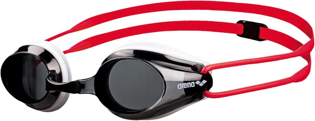 Arena Tracks Unisex Junior Youth Essential Racing Swim Goggles Kids Swimmers Young Racers 6-12 Anti-Fog Coated Non-Mirror Lens, Smoke/White/Red
