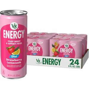 V8 Energy Diet Strawberry Lemonade Juice Energy Drink, 8 fl oz Can (6 Pack) (Case of 4) (EXP 12/09/26)