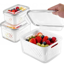 YYAYYA Fresh Produce Storage Containers for Fridge, 3 Pack Fruit Vegetable Keeper with Drain Basket & Airtight Lid, BPA Free Fridge Organizer Bins for Berries, Salad, Meal Prep, 28oz 60oz 111oz