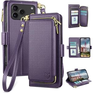 DJBEAR for iPhone 17 Pro Max 6.9" Wallet Case for Men & Women, All-in-One Flip Folio Cover with 9 Card Slots, Zipper Pocket, Detachable Wrist Strap, Full Body Protection for Apple 17ProMax Dark Purple