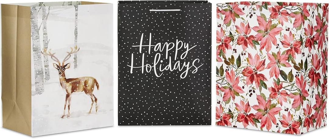 Hallmark 17" Oversized Holiday Gift Bags (3 Bags: Dark Gray and White Happy Holidays, Winter Deer, Pink Poinsettias) for Christmas, Winter Birthdays, Weddings