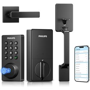 Philips Wi-Fi Smart Door Lock with Handle Set, Keypad Deadbolt for Front Door, Fingerprint Keyless Entry Door Lock with App Remote Control, IP53 Waterproof, Auto Lock, Security Easy Installation