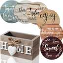 Queekay Coasters Set of 6 House Warming Gifts New Home Wooden Farmhouse Drink Coasters with Holder 4'' Funny Decoration for Kitchen Family Coffee Bar Tabletop Protection(Farmhouse Color)