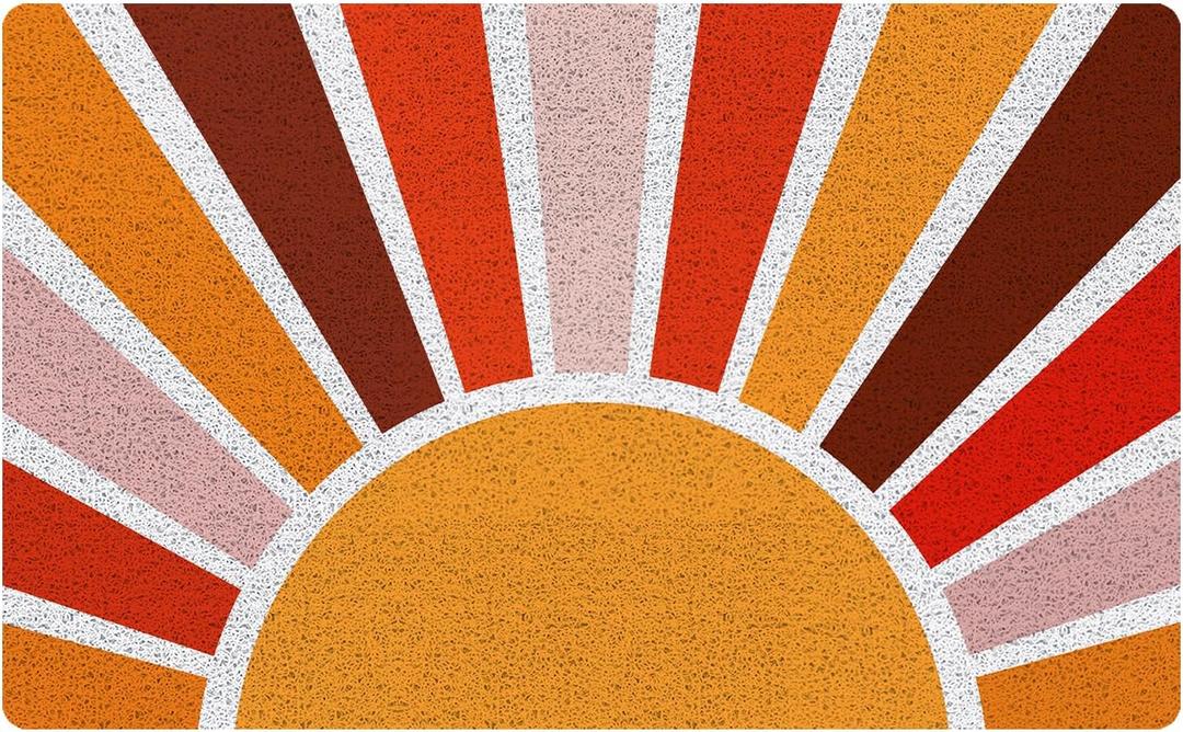 Retro Boho Orange Sun Door Mat, Hippie 70s Sunshine Sunrise Sunset Welcome Mats Doormat for Front Door Porch Indoor Outdoor Entrance Entryway, Sun Bath Mat, 17x30 Inch