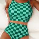 Herseas Women's Bikini Sets High Neck Tropical Leaf Print High Waisted Two Pieces Swimsuits Bathing Suits (Green, XXL)
