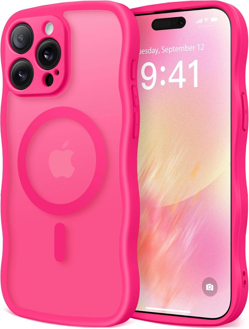 CAPRARO Cute for iPhone 14 Pro Case, Compatible with MagSafe, [Curly Wave Edge] [Full Camera Protection] [14 FT Drop Protection] Magnetic Phone Case for 14 Pro 6.1 Inch, Hot Pink