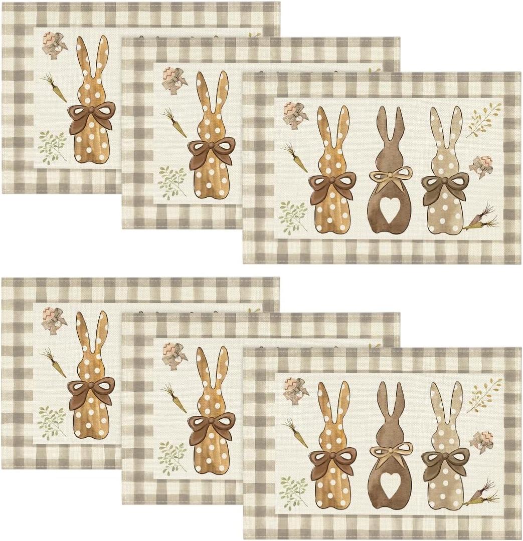 Artoid Mode Buffalo Plaid Bunny Happy Easter Placemats Set of 6, 12x18 Inch Seasonal Holiday Table Mats for Party Kitchen Dining Decoration (Brown)