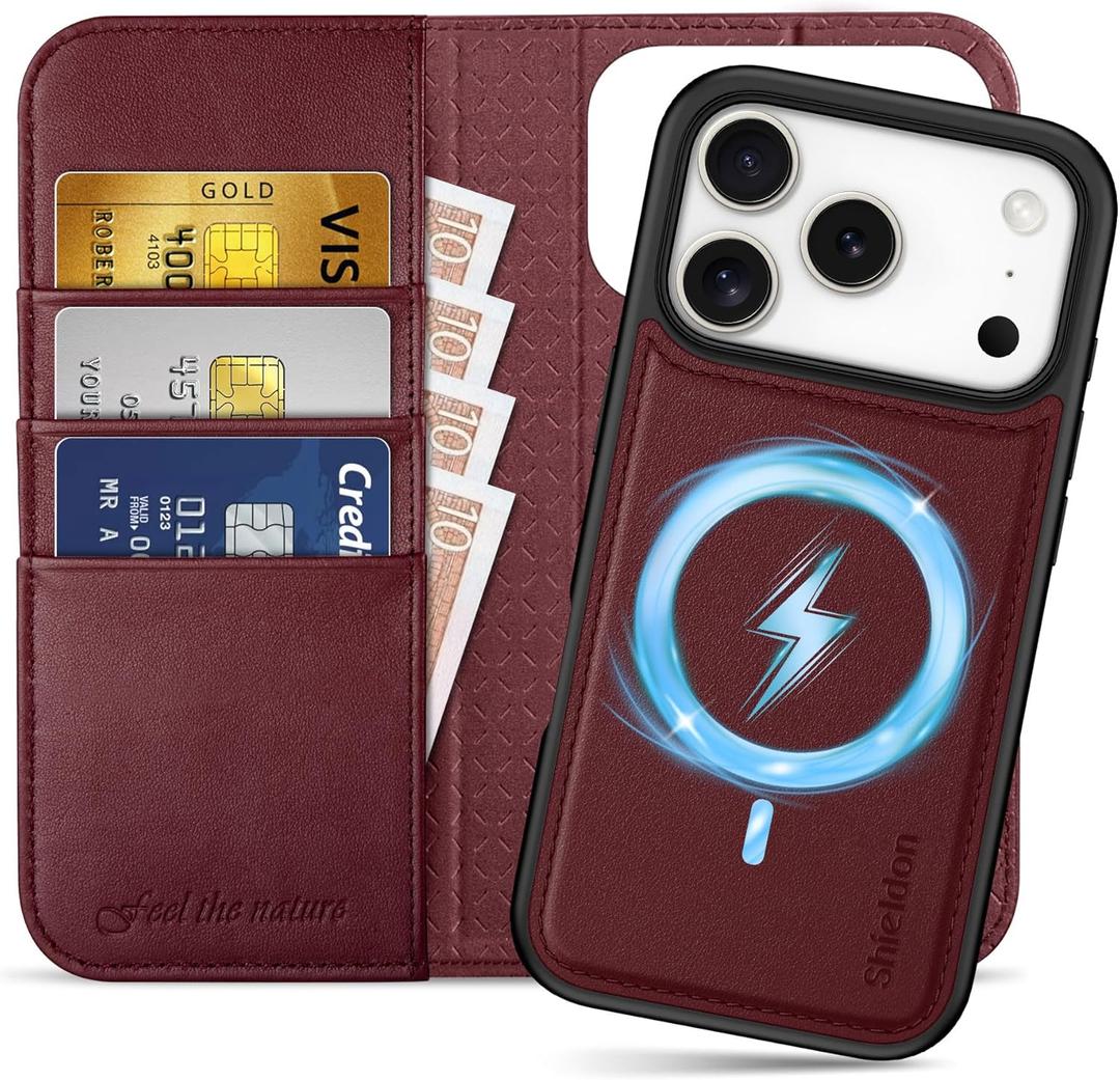 SHIELDON 2 in 1 Wallet Case for iPhone 17 Pro 6.3" 2025 | Genuine Leather, Detachable, Flip Magnetic, RFID Blocking Card Slot, Kickstand, Wireless Charging, Full Protective Cover - Wine Red