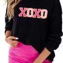 LEMAFER Women 2026 Merry Christmas Round Neck Sequin Letters Sweater Casual Solid Slogan Long Sleeve Pullover Sweatshirt Tops (X-Large, A Black Xo)