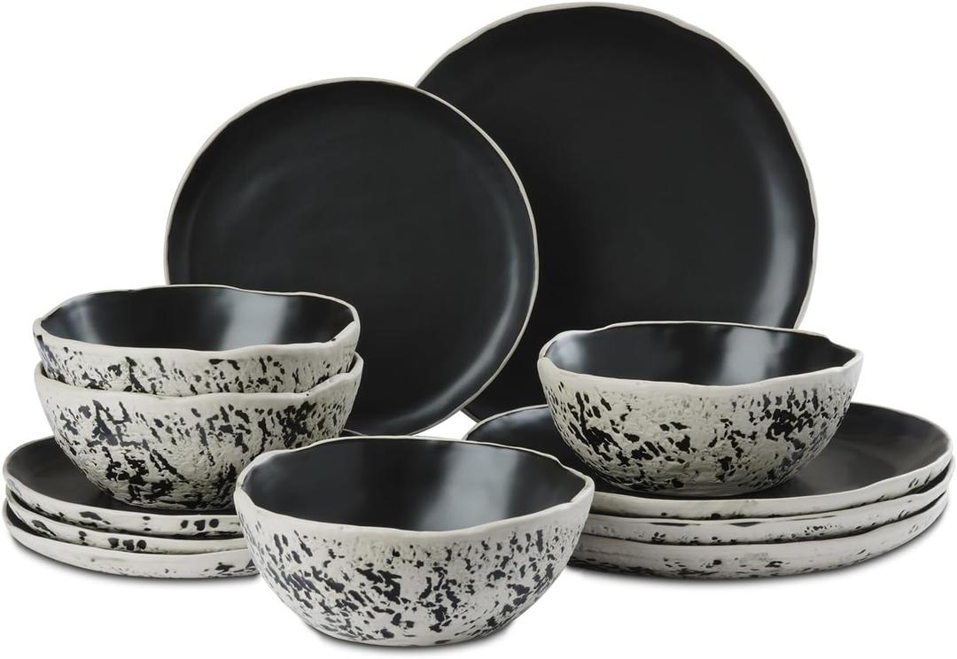 12pcs Dinnerware Set Service for 4, Handmade, Stoneware,Ceramic, Dish Set, Plates and Bowls set, Dinner Set, Reactive Glazed, Microwave and Dishwasher Safe (MATTE BLACK)