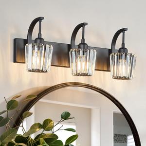 Modern Bathroom Vanity Light, 3-Light Black Wall Sconce with Crystal Accents, Over Mirror Bathroom Lighting Fixture, 23.62" Long Dimmable Vanity Lamp for Makeup, Easy Installation (3-Light 23.62in, Black Conical)