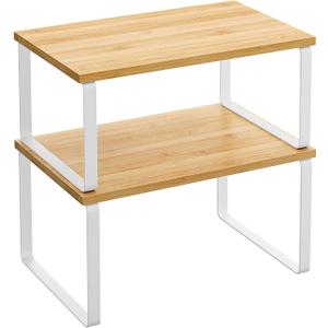 SONGMICS Cabinet Organizer Shelf, Set of 2 Kitchen Counter Shelves, Kitchen Storage, Spice Rack, Stackable, Expandable, Metal and Engineered Wood, Cloud White and Natural Beige UKCS02NW (11.7"W)