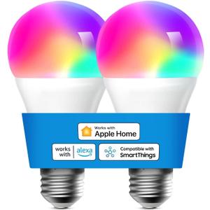 Meross Smart Light Bulb, Smart WiFi LED Bulbs Compatible with Apple HomeKit, Siri, Alexa, SmartThings, Dimmable E26 Multicolor 2700K-6500K RGBWW, 900 Lumens 60W Equivalent 2 Pack