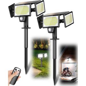2-in-1 Solar Spotlights Outdoor with Ground Stakes, 304 LED 3000LM Security Flood Lights with Remote, 3 Modes Solar Motion Sensor Lights Waterproof, Wall Lights for Driveway (2Pack-Daylight)