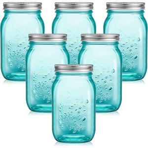Tessco for you 6 Pcs 16 oz Mason Jars with Lids Regular Mouth Glass Canning Jar for DIY Crafts Flower Decor, Storage, Canning, Pickling, Preserving, Dishwasher Not Allowed(Peacock Green)