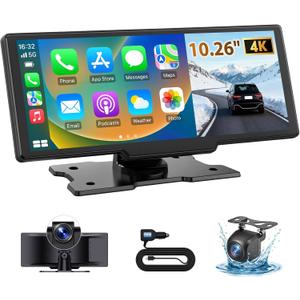 10.26" Wireless CarPlay Screen for Car: 4K Dash Cam & 1080P Backup Camera, Portable Touchscreen Car Stereo for Apple Carplay & Android Auto, GPS Navigation, Mirror Link, BT, FM, Voice Control