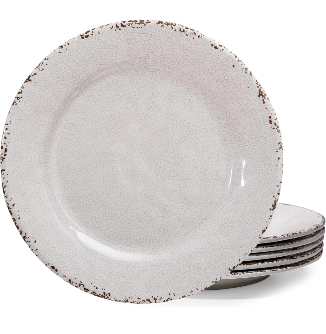 Classic Vintage White Melamine Dinner Plate Set, 11-inch Lightweight Round Kitchen Plates Set for Salad, Pasta –Unbreakable RV, Camping Dining Serving Dishes for Parties, Set of 6…