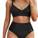 Popilush High Waisted Bikini Sets for Women Tummy Control Shapewear Swimsuit Ruched Push Up Two Piece Bathing Suit (X-Large, Black)