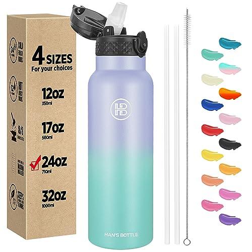 Han's Bottle Sports Water Bottle - 24 Oz, Straw Lid, Leak Proof, Vacuum Insulated Stainless Steel, Double Walled, Thermo Mug,Lilac green