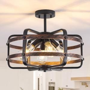 17.71'' Farmhouse Cage Semi Flush Mount Ceiling Light Fixture 4-Light Rustic Metal Ceiling Lighting Industrial Light Fixtures Vintage Ceiling Mount Black Chandeliers for Dining Room Kitchen Foyer E26
