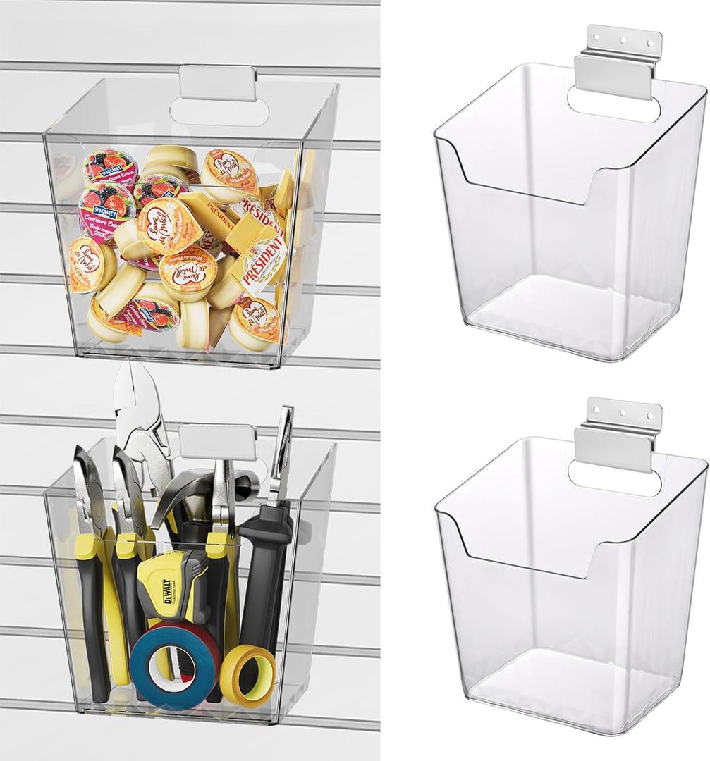 Clear Slatwall Bins, 4 Pack Slat Wall Accessories Cups Hooks Assemble Set Fit Most Slat Board Storage Systems Transparent Display Hanging Holder Organizers for Garage Shed Office Craft Tool (Large)