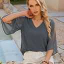 Uhiger Chiffon Blouses for Women V Neck Dressy Casual 3/4 Sleeve Tops 2026 Summer Vacation Double Layers Outfits (XXXL)