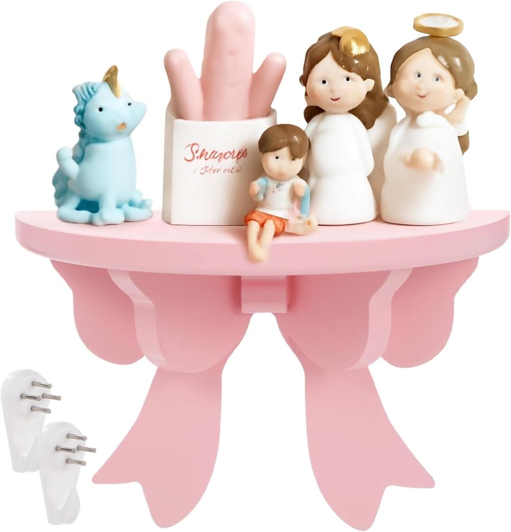 OMISTAR Wooden Bow Floating Shelves, Pink Wooden Bow Wall Holder, Decorative Display Rack for Bedroom Living Room Nursery, Cute Butterfly Bow, Easy Assembly, Home Wall Decor