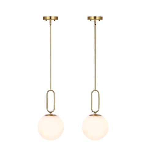 BAODEN Modern Gold Globe Pendant Light White Globe Glass Shade 2 Pack Brushed Brass Finished Adjustable Rods Hanging Light Fixtures for Kitchen Island Living Room