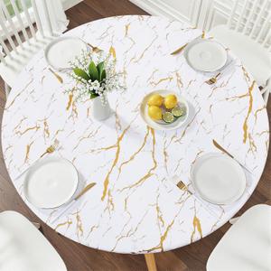 Smiry Round Picnic Tablecloth, Waterproof Elastic Fitted Table Covers for 45" - 56" Tables, Wipeable Flannel Backed Vinyl Tablecloths for Camping, Indoor, Outdoor, White & Gold, For Up to 45"-56" Round