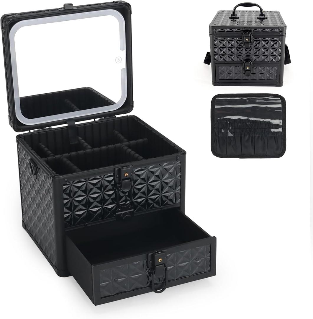Makeup Case with Drawer, Detachable Lighted LED Mirror, Travel Vanity Organizer, Portable Cosmetic Train Case, Lockable Makeup Suitcase with Adjustable Dividers, Shoulder Strap, Brush Holder