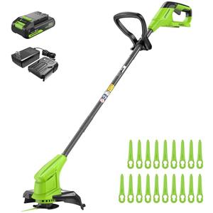 Greenworks 24V 10" Cordless String Trimmer with 2.0Ah Battery and Charger, 20 Replacement Blades Included