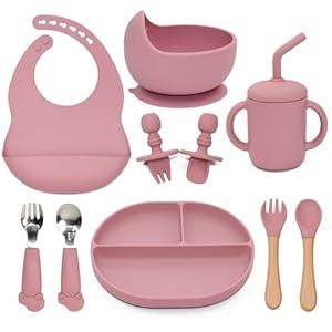 Silicone Baby Feeding Set - 10PCS Suction Baby Bowl and Divided Toddler Plates Adjustable Bib Cup Spoons Forks -Baby Led Weaning Supplies, Baby Utensils Eating Essential Set for 6+ Months (Blue)