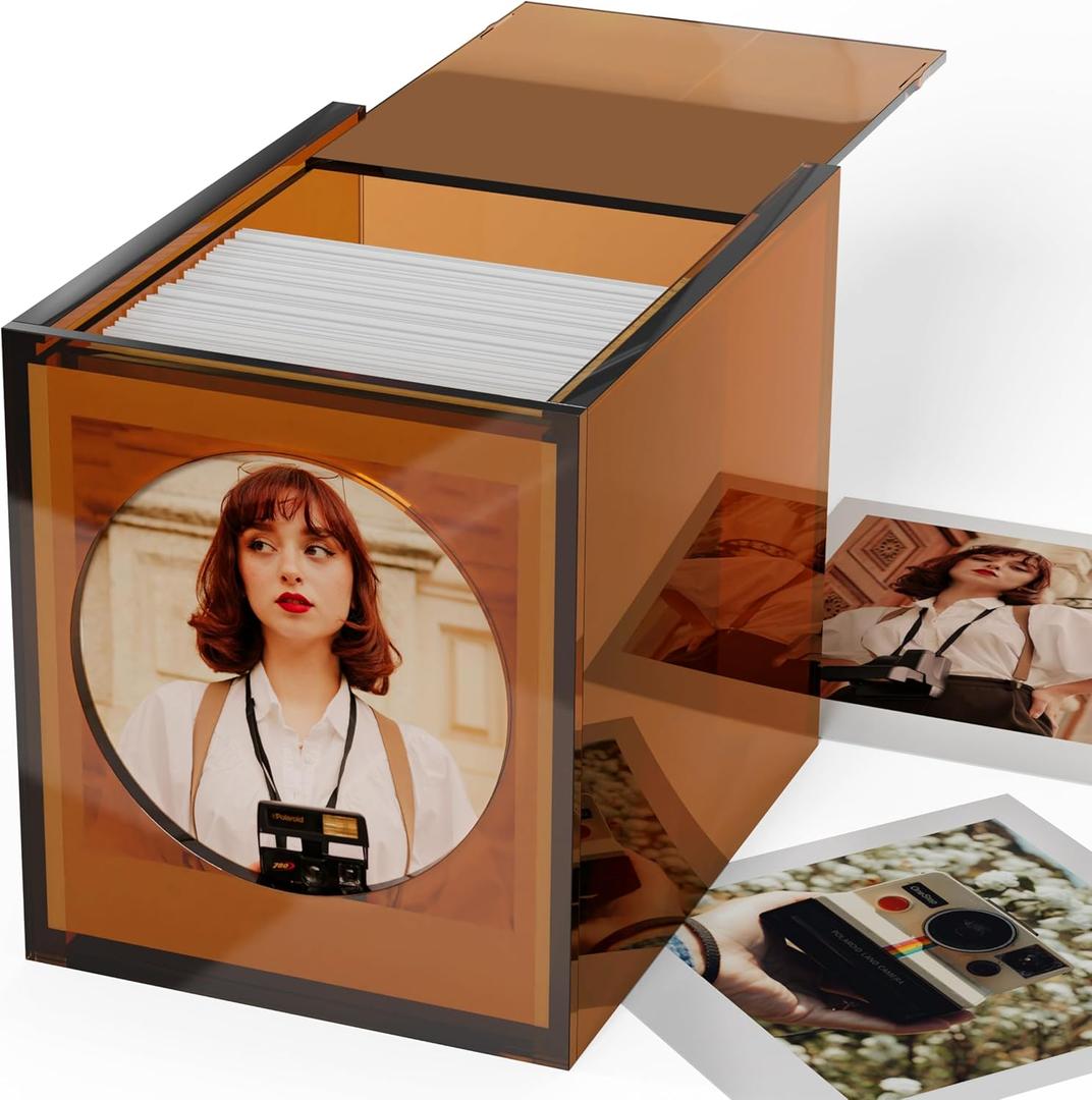 WINKINE Acrylic Polaroid Frame & Photo Storage Box for i-Type/600/SX-70/Instax Square Film, 4.2''x3.5'' Film Frame, Vintage Box with Sliding Lid, Amber, 1 Pack