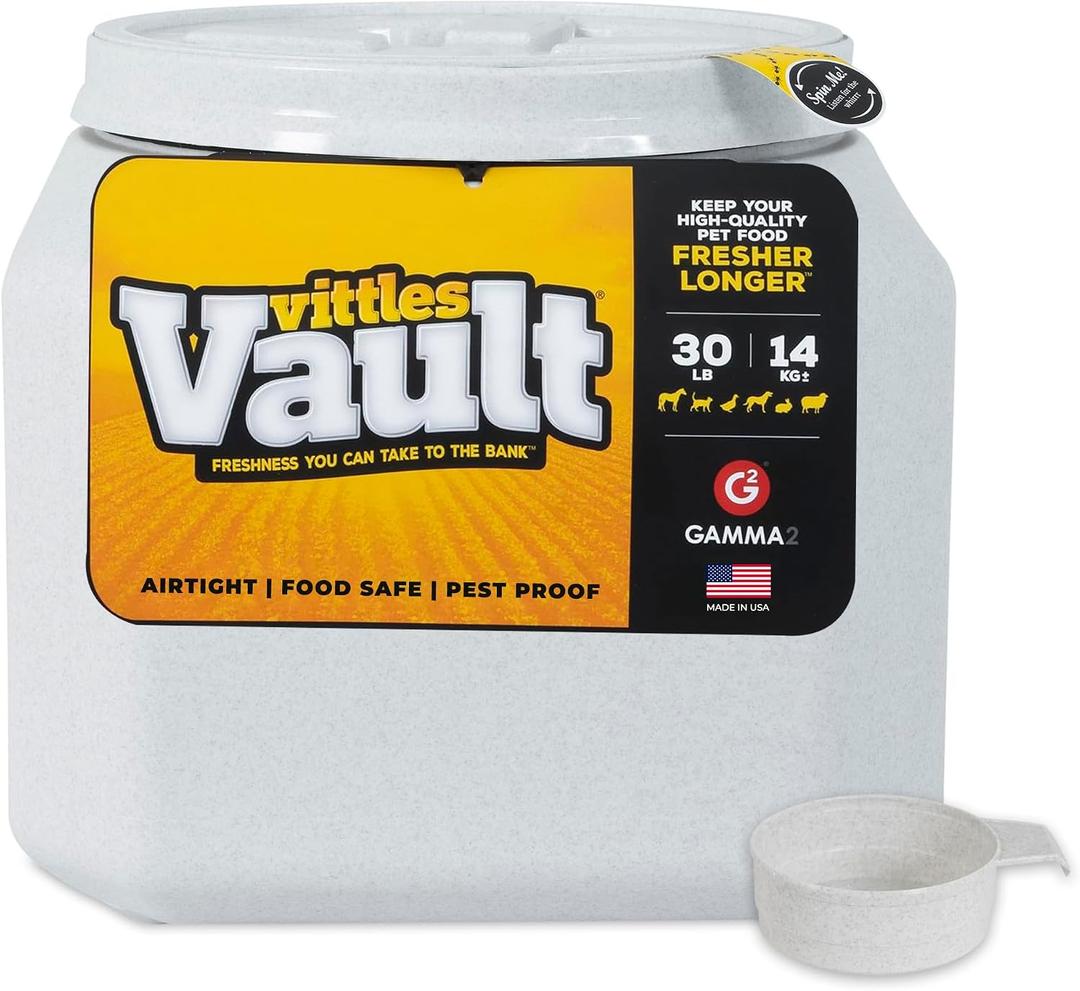 Vittles Vault Traditional Pet Food Storage Container For Dog Kibbles/Bird Seed/Oatmeal/Rice/Flour/Cereal, BPA Free Plastic, Sealed Airtight For Cat Food, Up To 30 lb, Made in USA, With Scoop, Gray, 30 Pounds