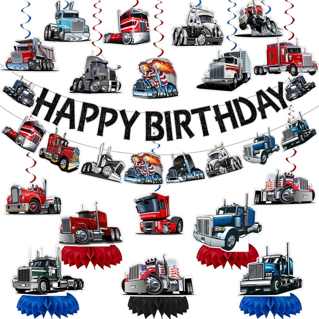 Heavy Truck Party Decorations Cartoon Semi Birthday Party Decor Supplies Includes Happy Birthday Banner Big Truck Hanging Swirls Honeycomb Centerpiece