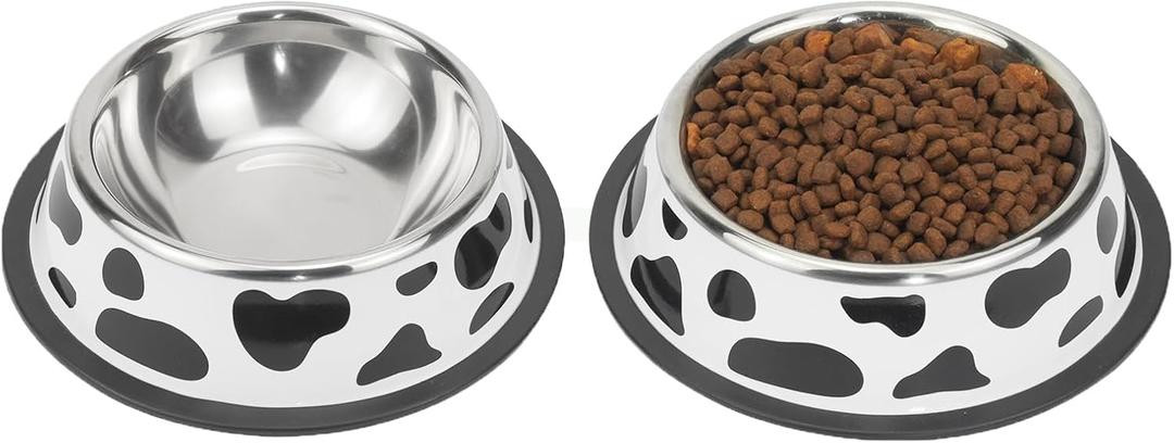 Stainless Steel Dog Bowls, Food and Water Non Slip Anti Skid Stackable Pet Puppy Dishes for Small, Medium and Large Dogs (2 Pack) (Cup/7 oz, Milk Cow)