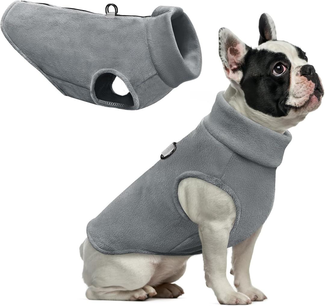 Idepet Dog Fleece Vest Sweater Zip Up Warm Pullover Dogs Jacket with D-Ring Leash Winter Cold Weater Coat Pet Sweatershirt Clothes Hoodie for Small Medium Dogs Boy Girl (Gray, S)