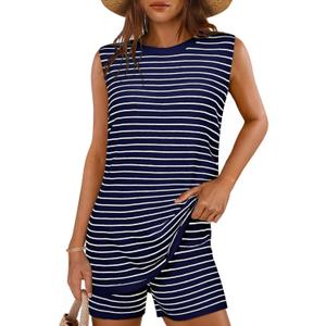 Glamaker Women's 2 Piece Short Sets Summer Lounge Sets Sweater Knit Beach Vacation Matching Sets Travel Outfits (S, Striped Navy Blue) Glamaker Women's 2 Piece Short Sets Summer Lounge Sets Sweater Knit Beach Vacation Matching Sets Travel Outfits (S, Striped Navy Blue)