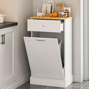 GAZHOME 10 Gallon Tilt Out Trash Cabinet, Upgrade Wooden Free Standing Recycling Trash Cabinet with Hideaway Drawer(White), Single Door - 10 Gallon