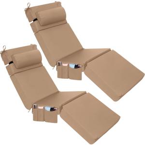 RattanView 2 Pcs Outdoor Chaise Lounge Cushion with Pillow and Side Pockets Waterproof Lounge Chair Cushions for Outdoor Furniture Patio Lounger Pad for Outside Pool Lawn (Brown,72 x 21 x 4)