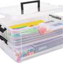TERGOO 2 Layer Plastic Storage Containers with Lids, Multipurpose Clear Stack & Carry Box, Portable Craft Organizers and Storage Bin for Organizing Art & Craft, Sewing, Makeup, Nail Supplies (Black)